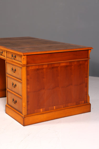 Beautiful English Yew Desk with Genuine Leather Top, Antique Style, Executive Desk, Office Desk, Desk, Partner Desk