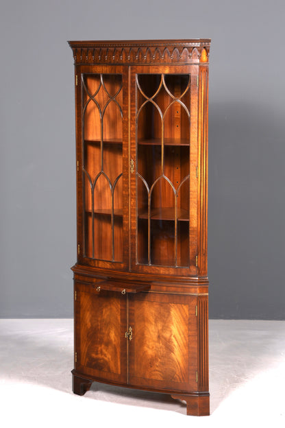 Wunderschöne Georgischer Eckvitrine Mahagoni Antik 50s echt Holz Schrank Englisch Eckschrank Glasvitrine