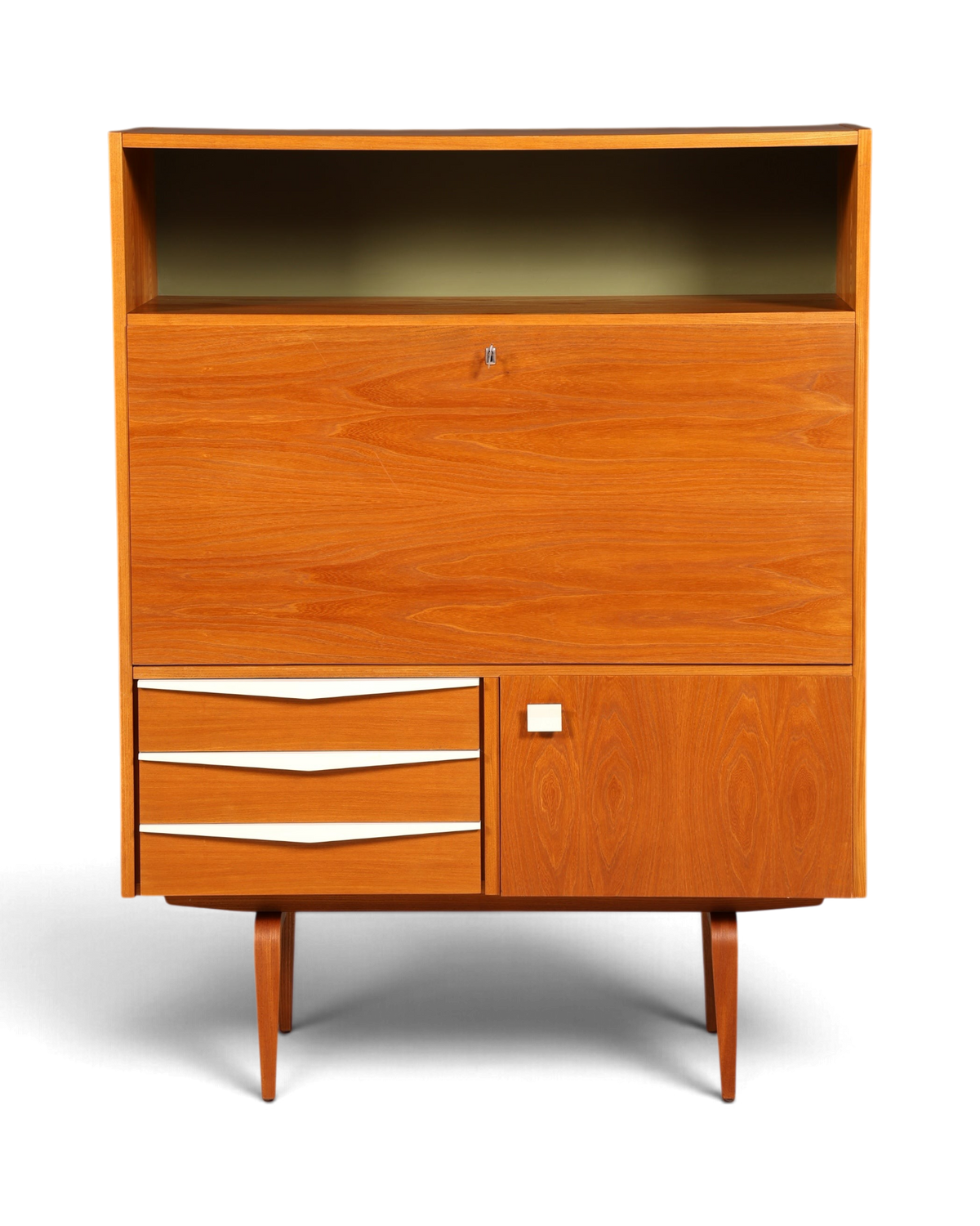 Hauptstadt Möblerei Sekretär aus Teakholz im Mid-Century Design mit drei weißen Schubladen und Klappfach