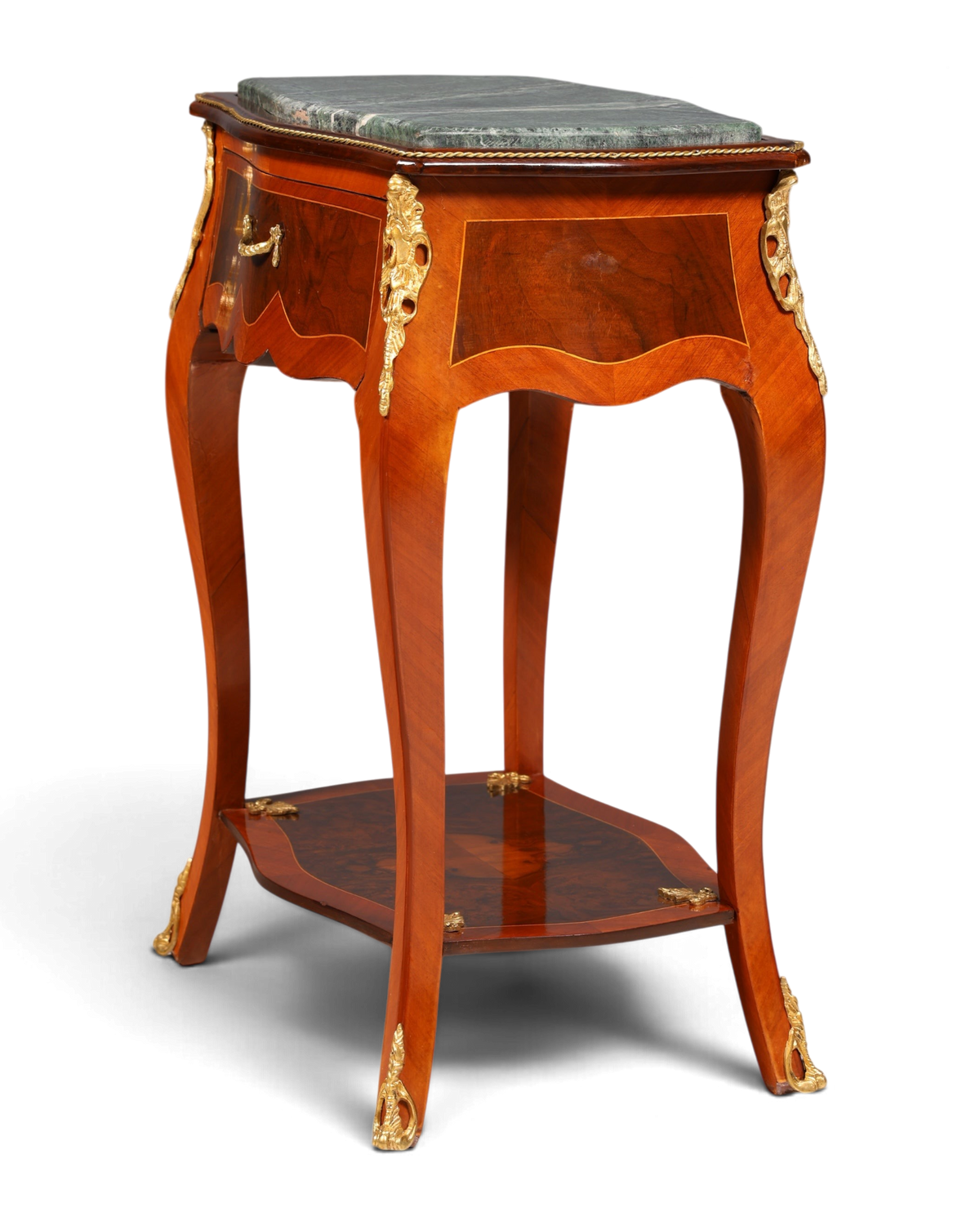 Hauptstadt Möblerei Louis XV Beistelltisch aus Holz mit Marmorplatte, Messingverzierungen und Intarsien im Barockstil