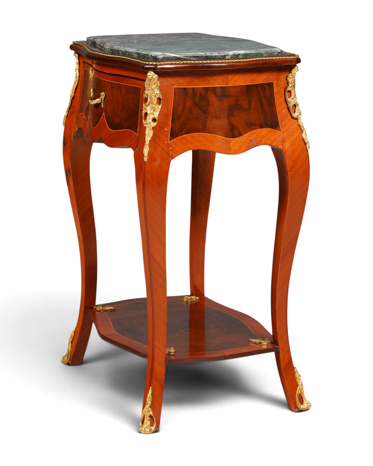 Hauptstadt Möblerei Louis XV Beistelltisch aus Holz mit Marmorplatte, Messingverzierungen und Intarsien im Barockstil