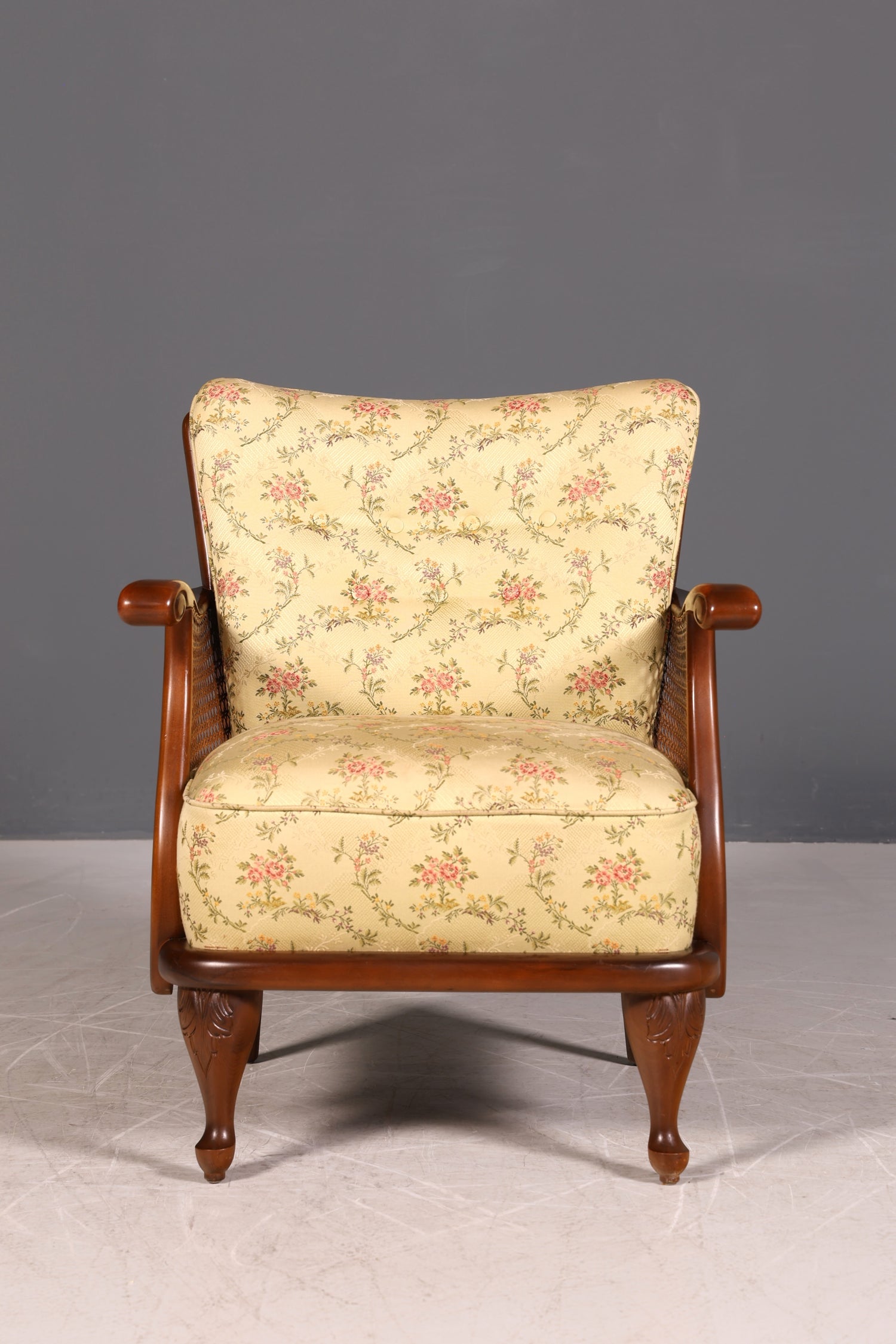 Traumhafter Chippendale Sessel Antik 60s Korbgeflecht Relax Sessel Vintage Samt Stoff 1 von 2