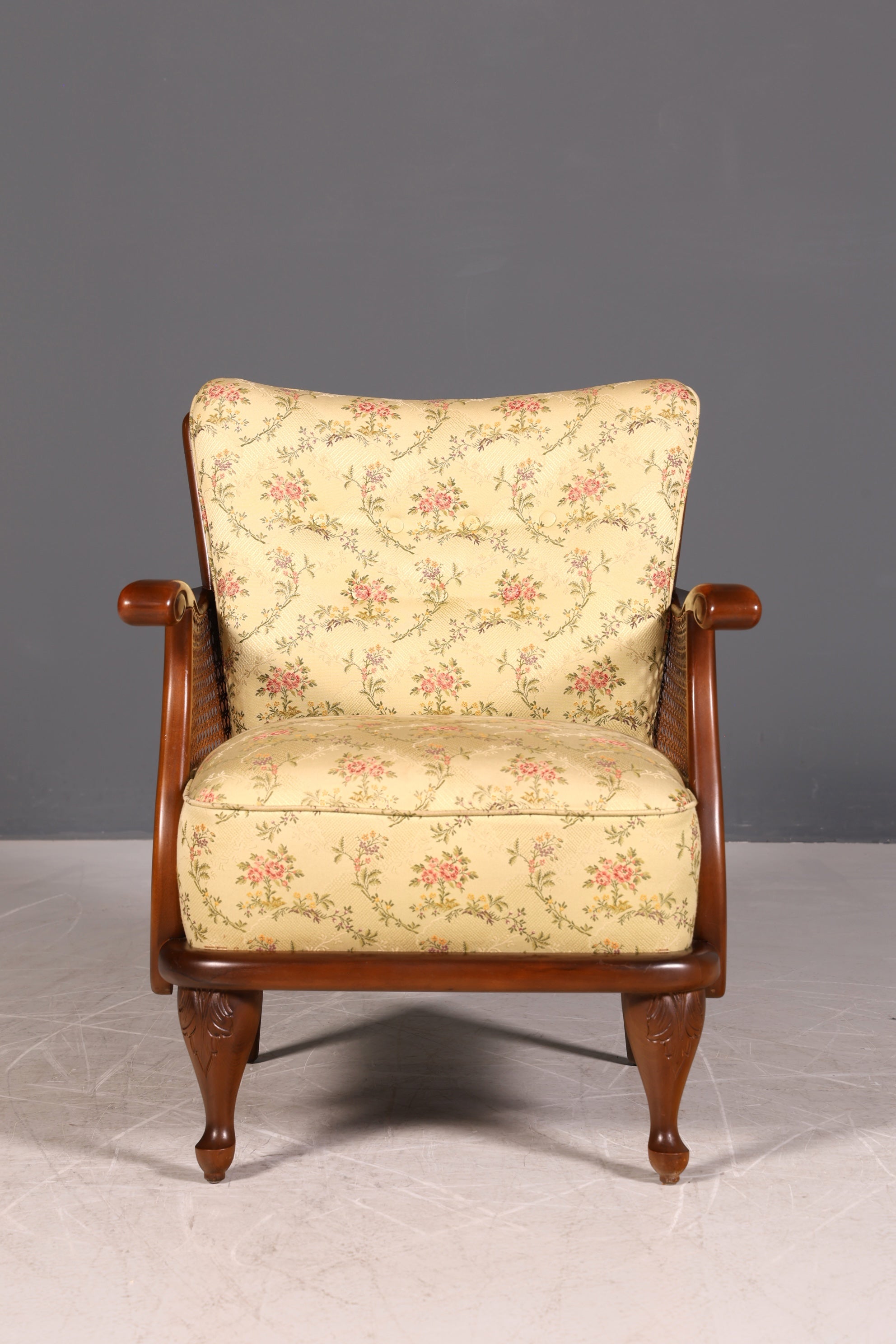 Traumhafter Chippendale Sessel Antik 60s Korbgeflecht Relax Sessel Vintage Samt Stoff 1 von 2