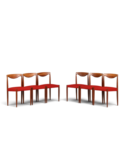 Hauptstadt Möblerei 6er-Set Bambi Stühle aus Holz mit rotem Stoffbezug im Mid-Century Design