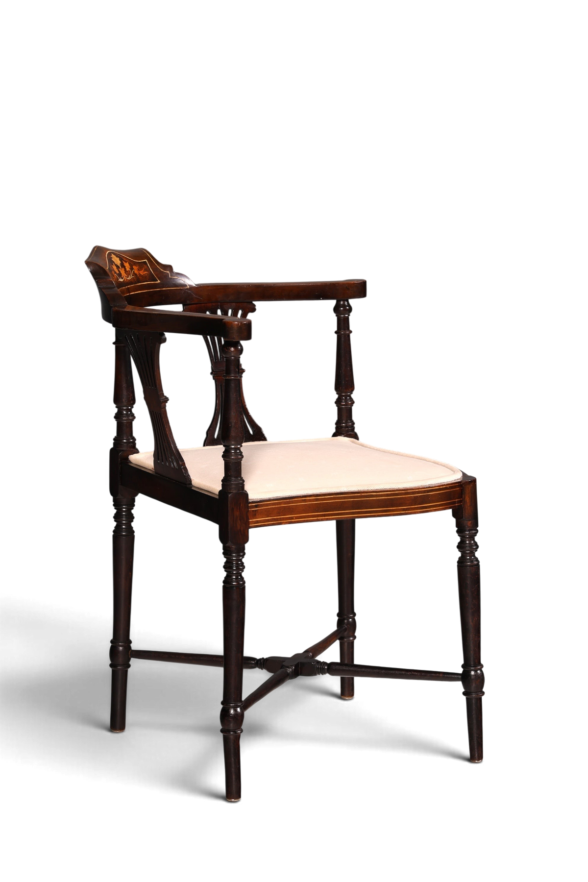 Hauptstadt Möblerei antiker Edwardian Eckstuhl aus Holz mit Intarsien, geschwungener Armlehne und beigem Sitzpolster