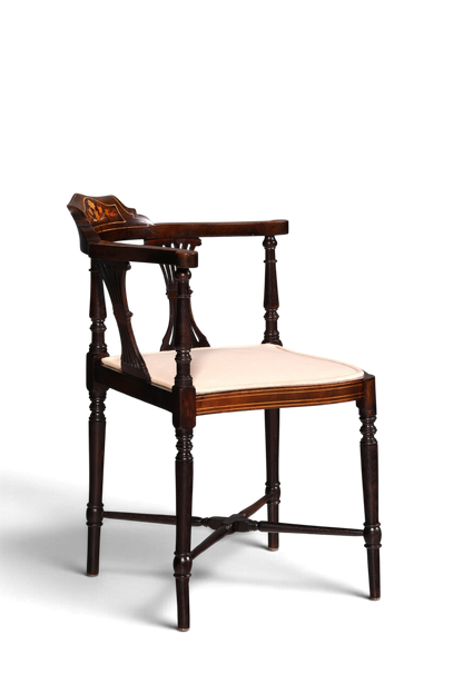 Hauptstadt Möblerei antiker Edwardian Eckstuhl aus Holz mit Intarsien, geschwungener Armlehne und beigem Sitzpolster