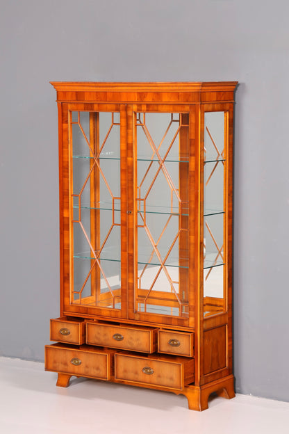 Beautiful Original Heldense Display Cabinet, English Yew Bookcase, Glass Cabinet with Lighting, Antique