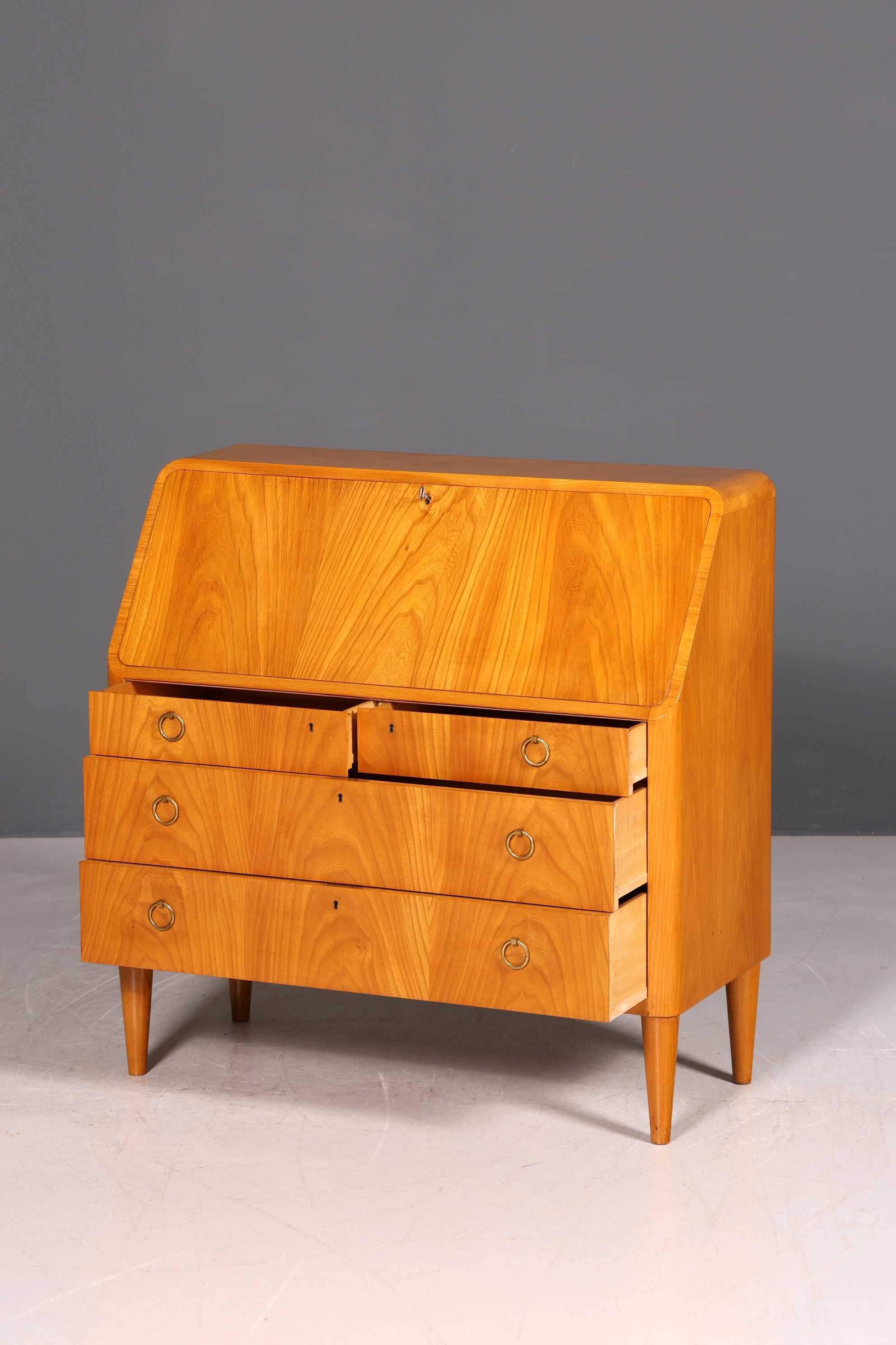 G025 Finish Schlichter Mid Century Sekretär Vintage Schreibmöbel echt Holz Kommode Office Secretary