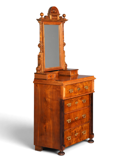 Hauptstadt Möblerei antike Gründerzeit Kommode aus Holz mit Spiegelaufsatz und Messingbeschlägen im Louis Philippe Stil