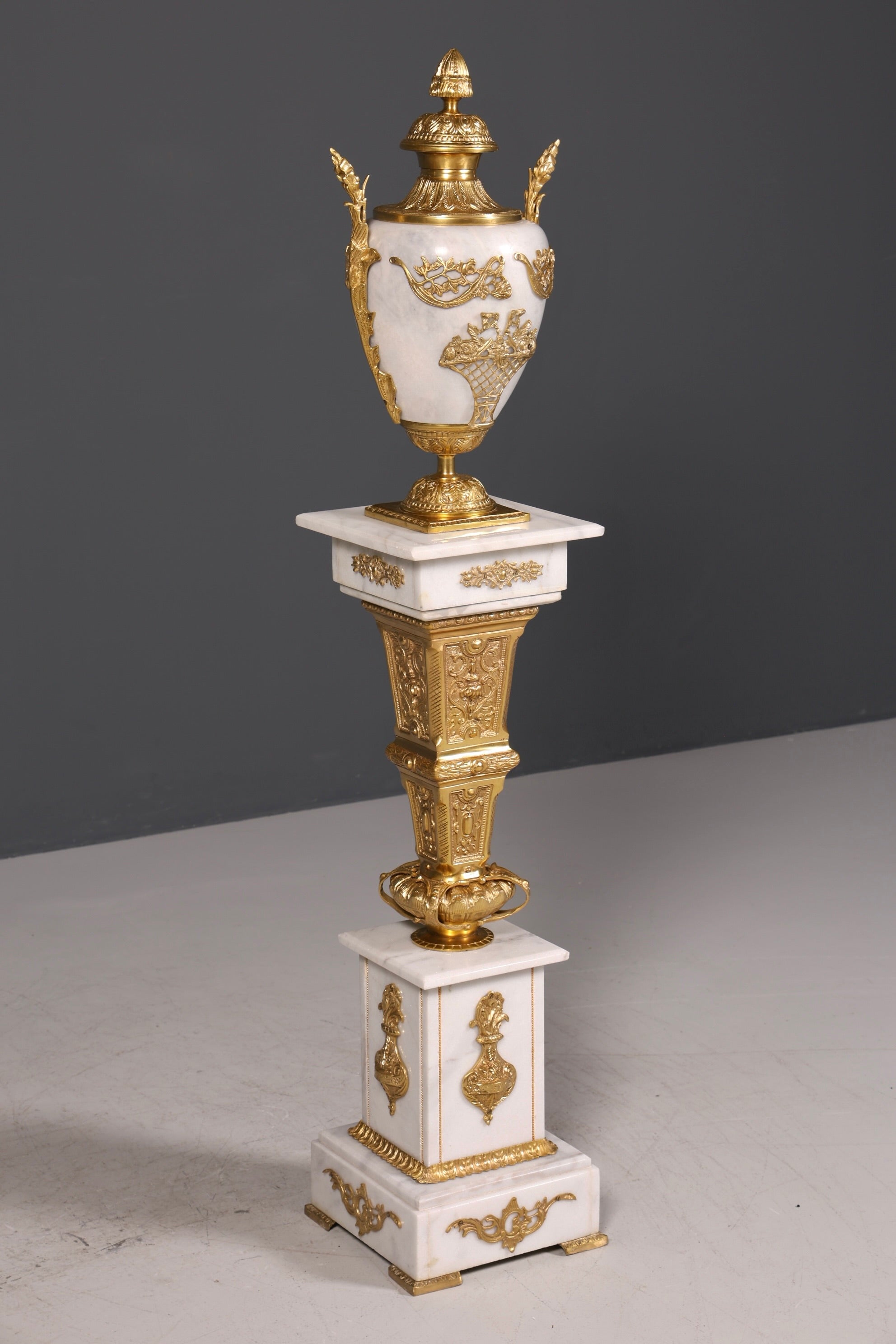 Beautiful Baroque style column with vase, Louis XV marble flower column, white natural stone base and shelf