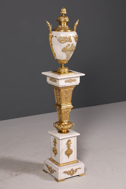 Beautiful Baroque style column with vase, Louis XV marble flower column, white natural stone base and shelf