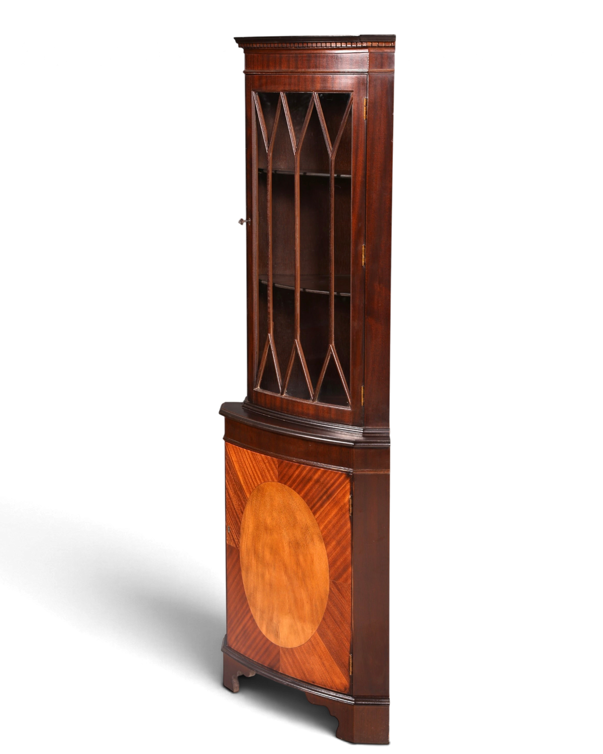 Hauptstadt Möblerei englische Eckvitrine aus Mahagoni mit verglaster Tür und Intarsien im Vintage-Stil der 60er Jahre
