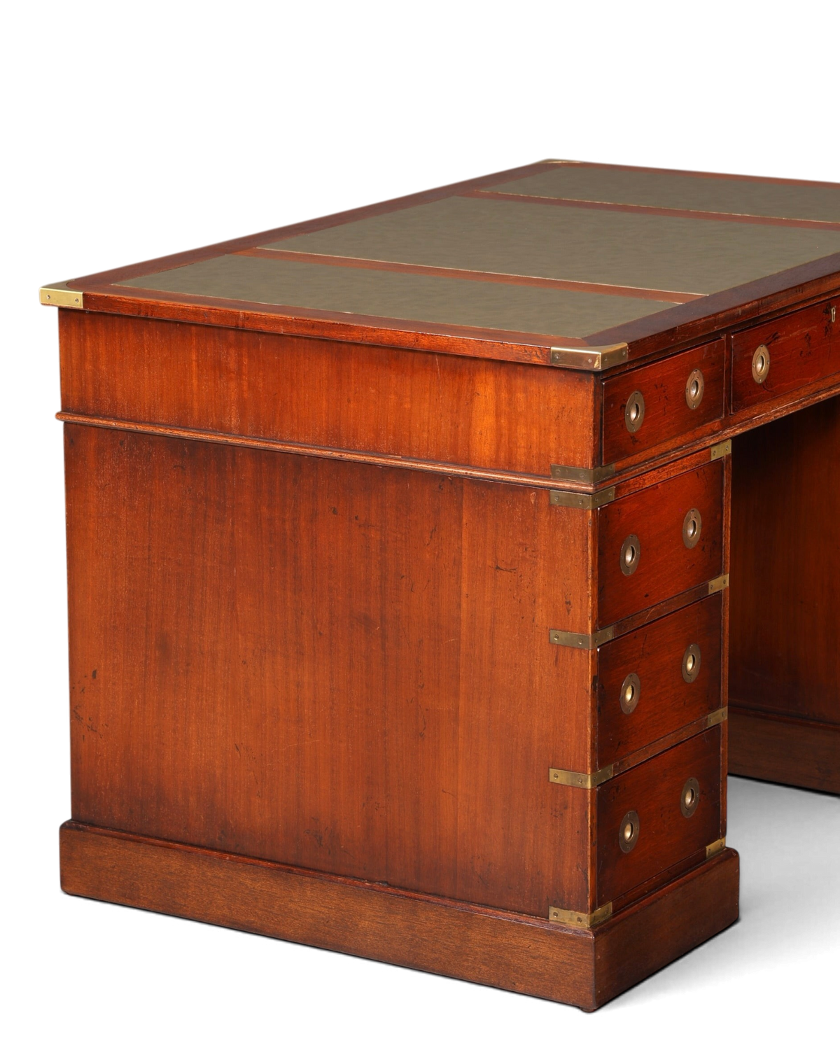 Hauptstadt Möblerei maritimer Schreibtisch aus Echtholz im Military-Chest-Stil mit Messingbeschlägen und Lederauflage