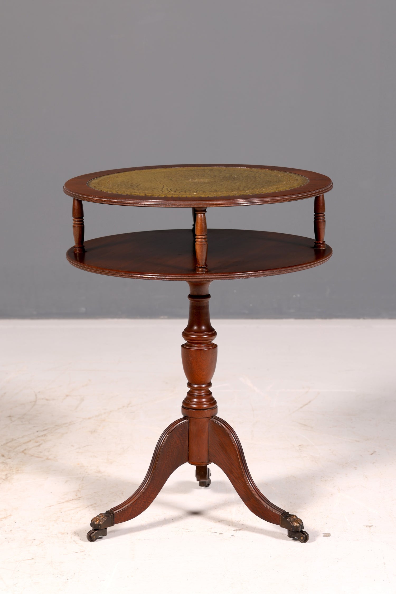 Wunderschöner Englischer Beistelltisch Mahagoni Regency Ablagetisch Rund Säulentisch Leder Antik Vintage