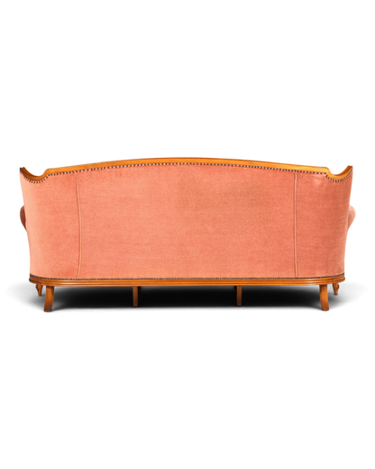 Hauptstadt Möblerei Chippendale 3-Sitzer Sofa in Barock-Stil mit rosafarbenem Samtbezug und Holzrahmen
