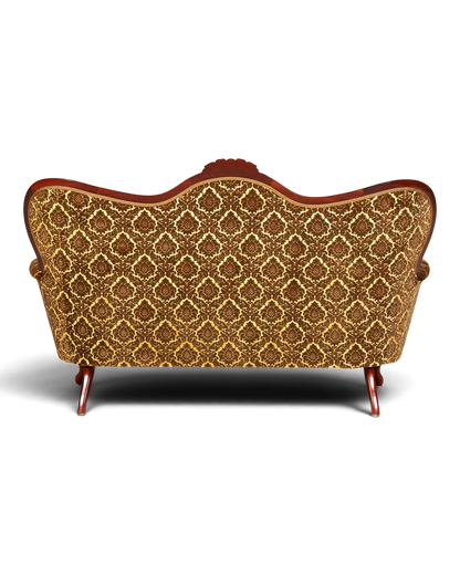 Rückansicht eines antiken Hauptstadt Möblerei Sofas mit gold-braunem Damast-Muster und dunklem Holzrahmen