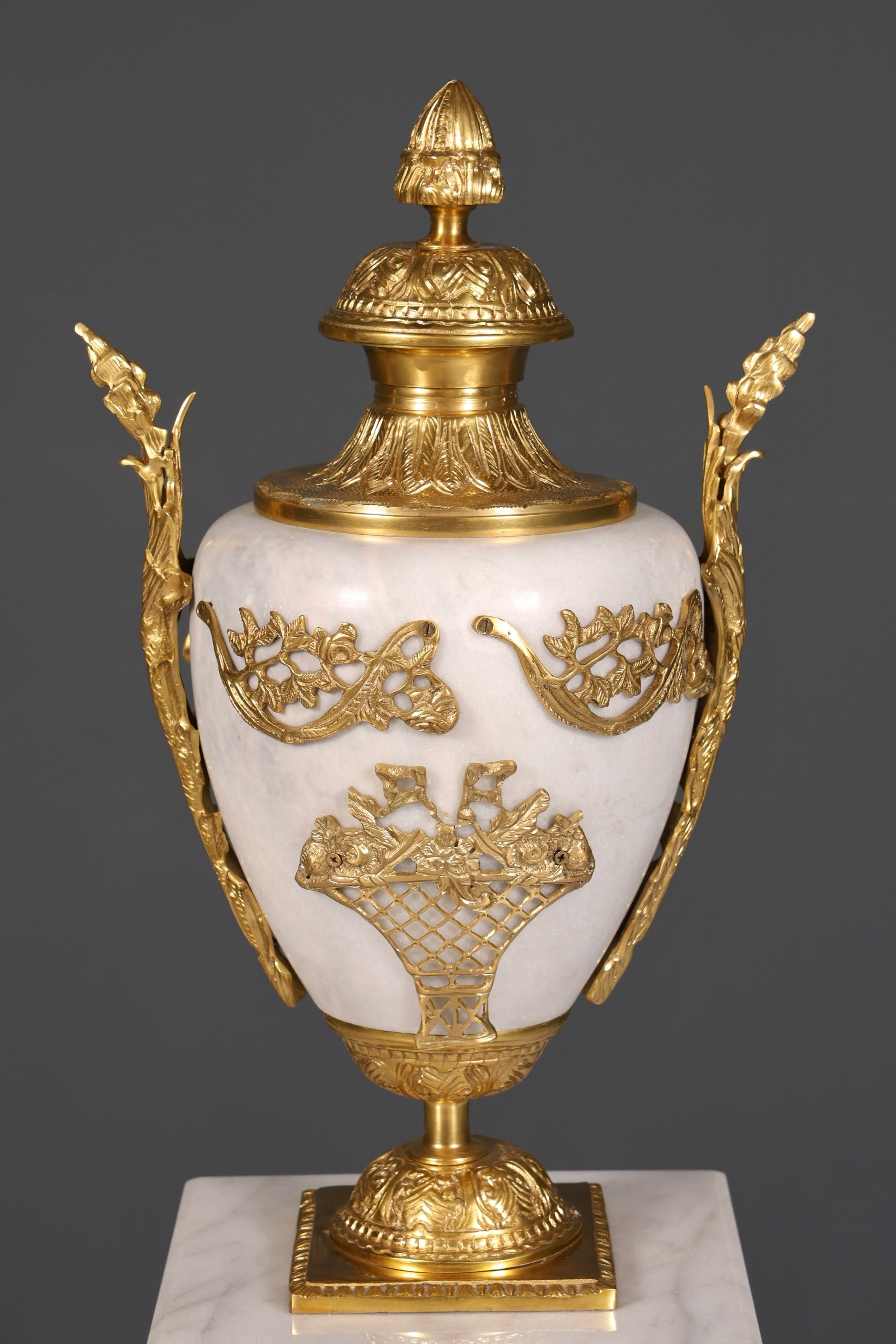 Beautiful Baroque style column with vase, Louis XV marble flower column, white natural stone base and shelf