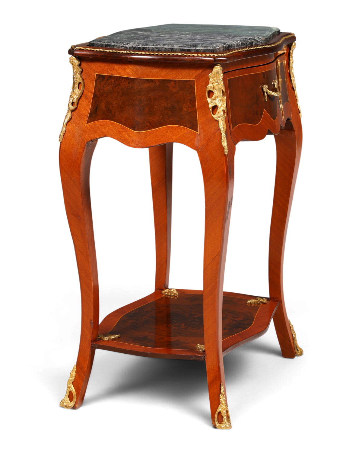 Hauptstadt Möblerei Louis XV Beistelltisch aus Holz mit Marmorplatte, Messingverzierungen und Intarsien im Barockstil