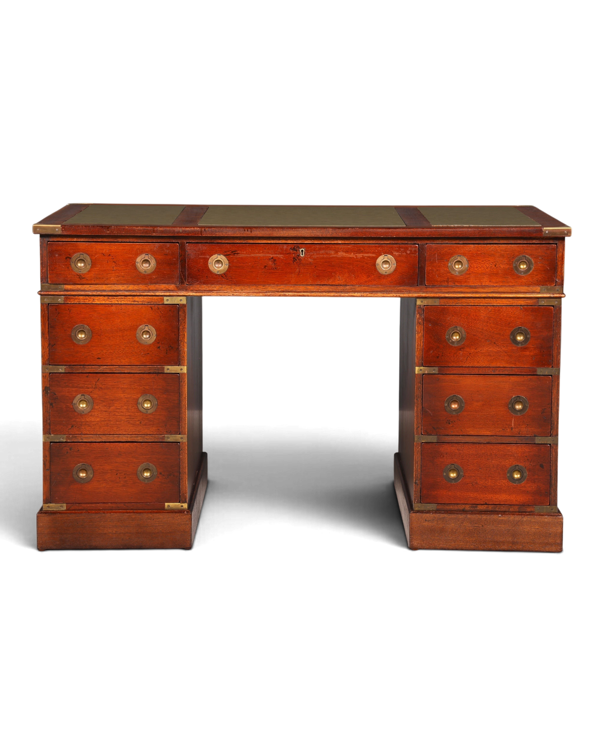 Hauptstadt Möblerei maritimer Schreibtisch aus Echtholz im Military-Chest-Stil mit Messing-Griffen und Lederauflage