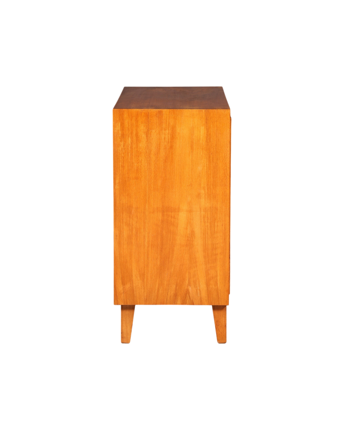 Hauptstadt Möblerei Mid Century Kommode aus massivem Holz mit konischen Beinen in Seitenansicht