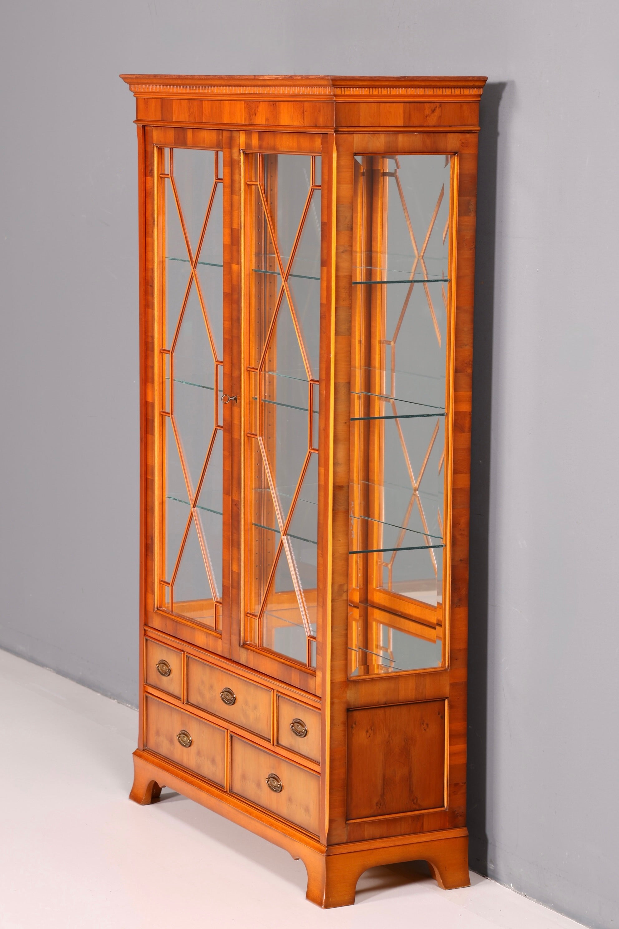 Beautiful Original Heldense Display Cabinet, English Yew Bookcase, Glass Cabinet with Lighting, Antique