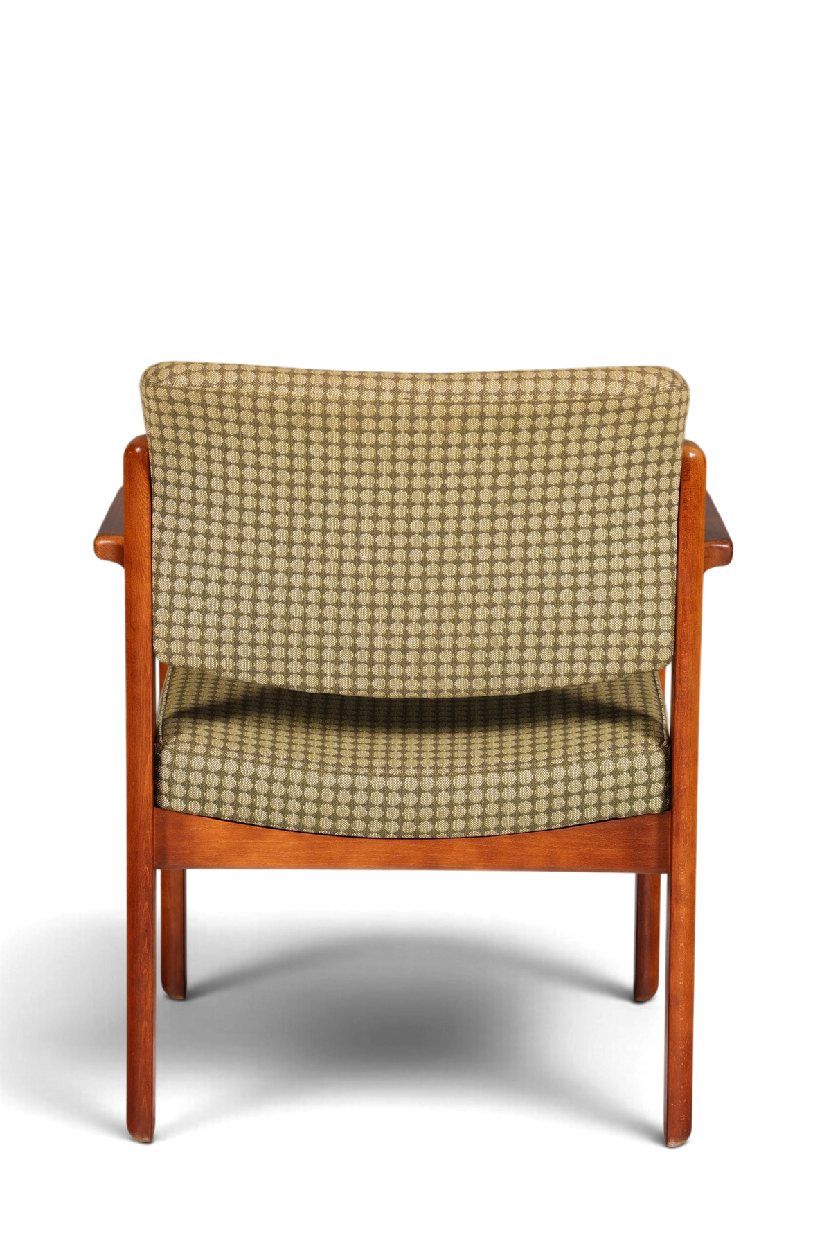 Hauptstadt Möblerei Mid Century Armlehnstuhl aus Holz mit gemustertem Stoffbezug in Grün und Beige