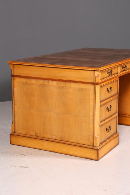 Beautiful English Yew Desk with Genuine Leather Top, Antique Style, Executive Desk, Office Desk, Desk, Partner Desk