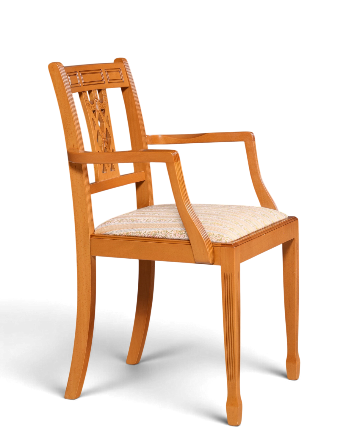 Hauptstadt Möblerei englischer Armlehnstuhl aus Holz mit heller Polsterung und geschnitzter Rückenlehne