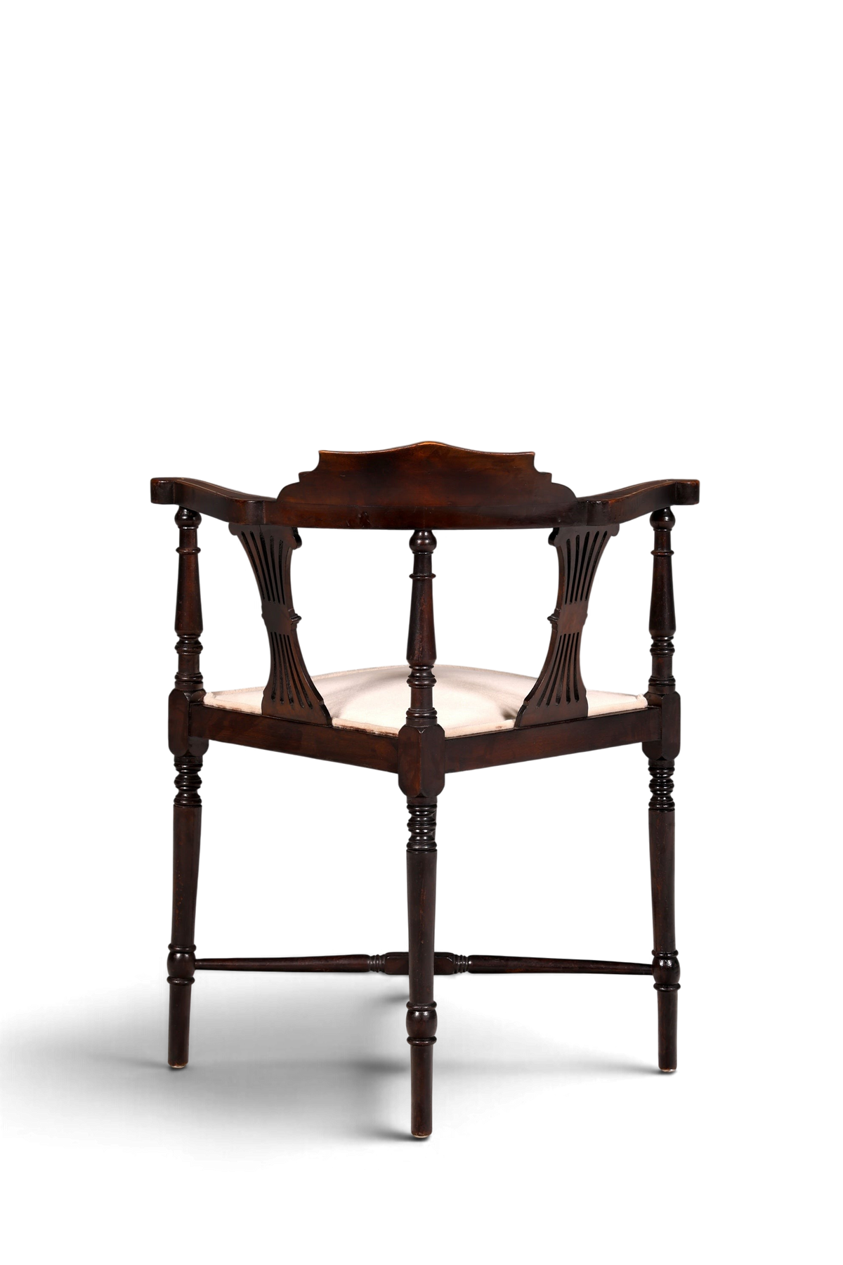 Hauptstadt Möblerei antiker Edwardian Eckstuhl aus dunklem Holz mit Intarsien und gepolsterter Sitzfläche