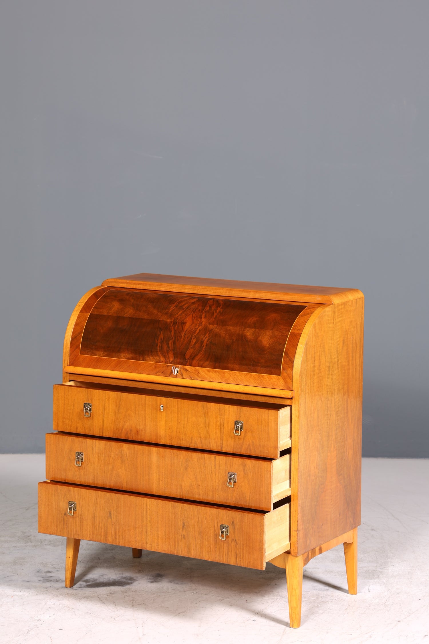 Schlichter Mid Century Rollladen Sekretär echt Holz Büro Schrank Vintage Schreibkommode