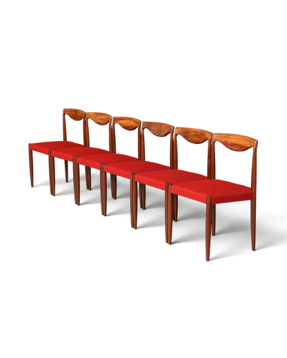 Hauptstadt Möblerei 6er-Set Bambi Stühle aus Holz mit rotem Stoffbezug im Mid-Century-Design