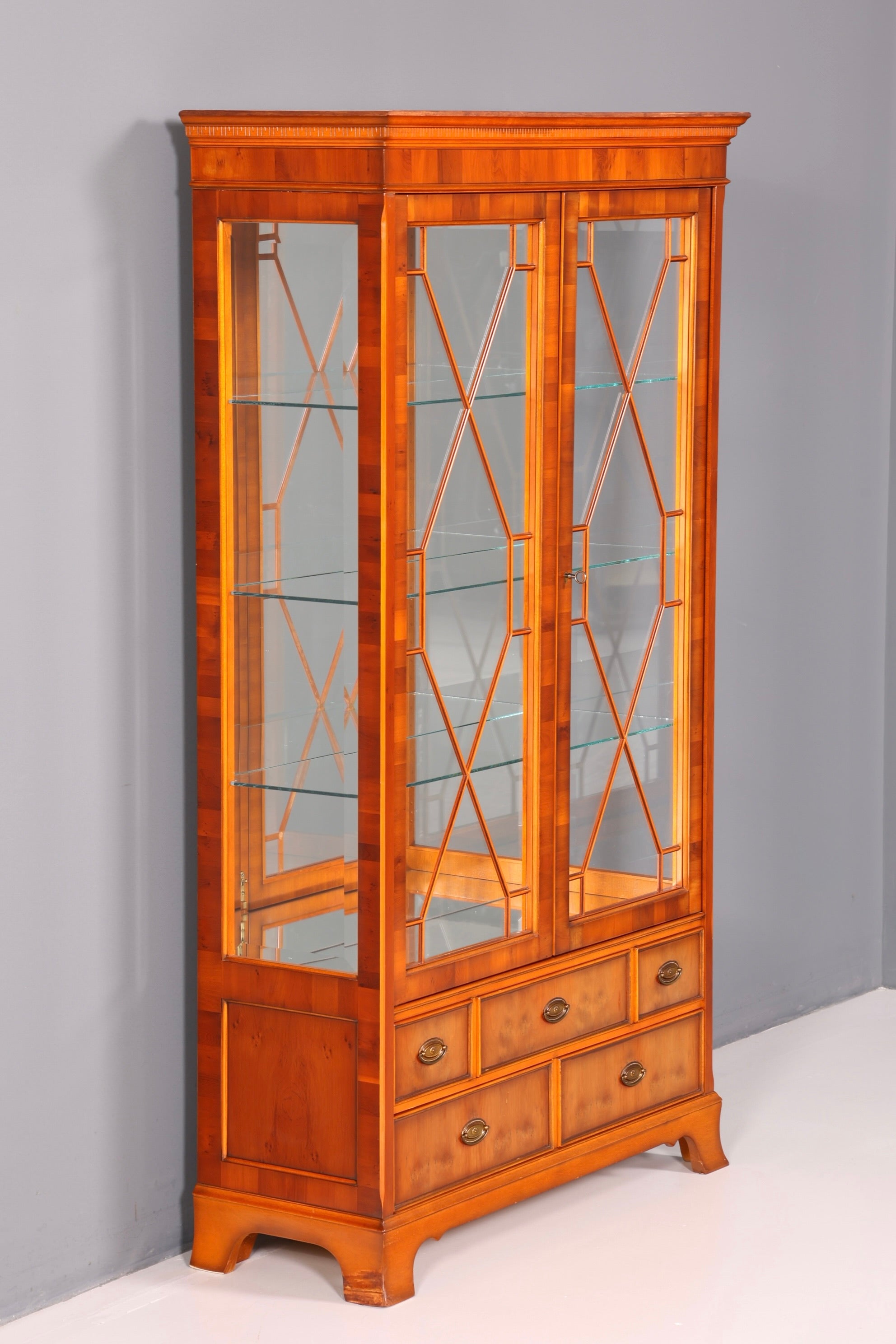 Beautiful Original Heldense Display Cabinet, English Yew Bookcase, Glass Cabinet with Lighting, Antique