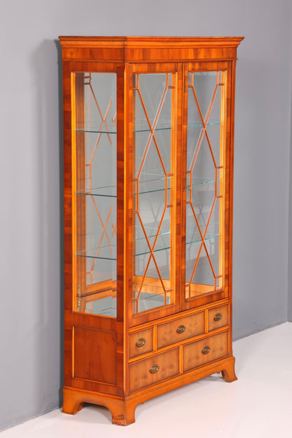 Beautiful Original Heldense Display Cabinet, English Yew Bookcase, Glass Cabinet with Lighting, Antique
