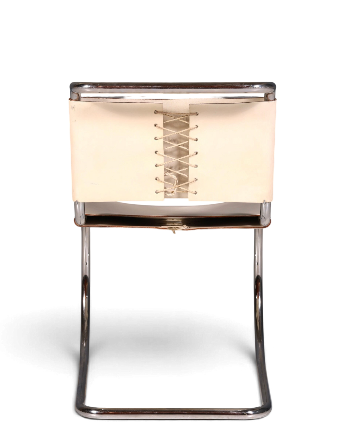 Hauptstadt Möblerei Knoll International MR Chair Freischwinger aus weißem Leder mit Schnürung und Chromgestell