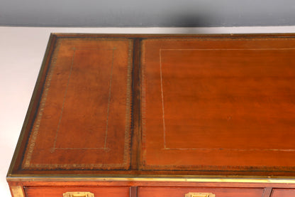 F939 Finish Edler Maritimer Schreibtisch Englischer Military Chest Bürotisch Office Table mit echt Lederauflage
