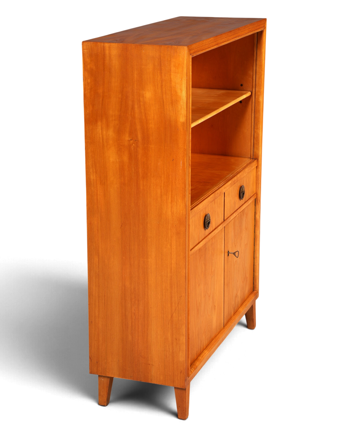 Hauptstadt Möblerei H936 Regal aus hellem Holz mit zwei Schubladen und einem Schrankfach auf konischen Beinen