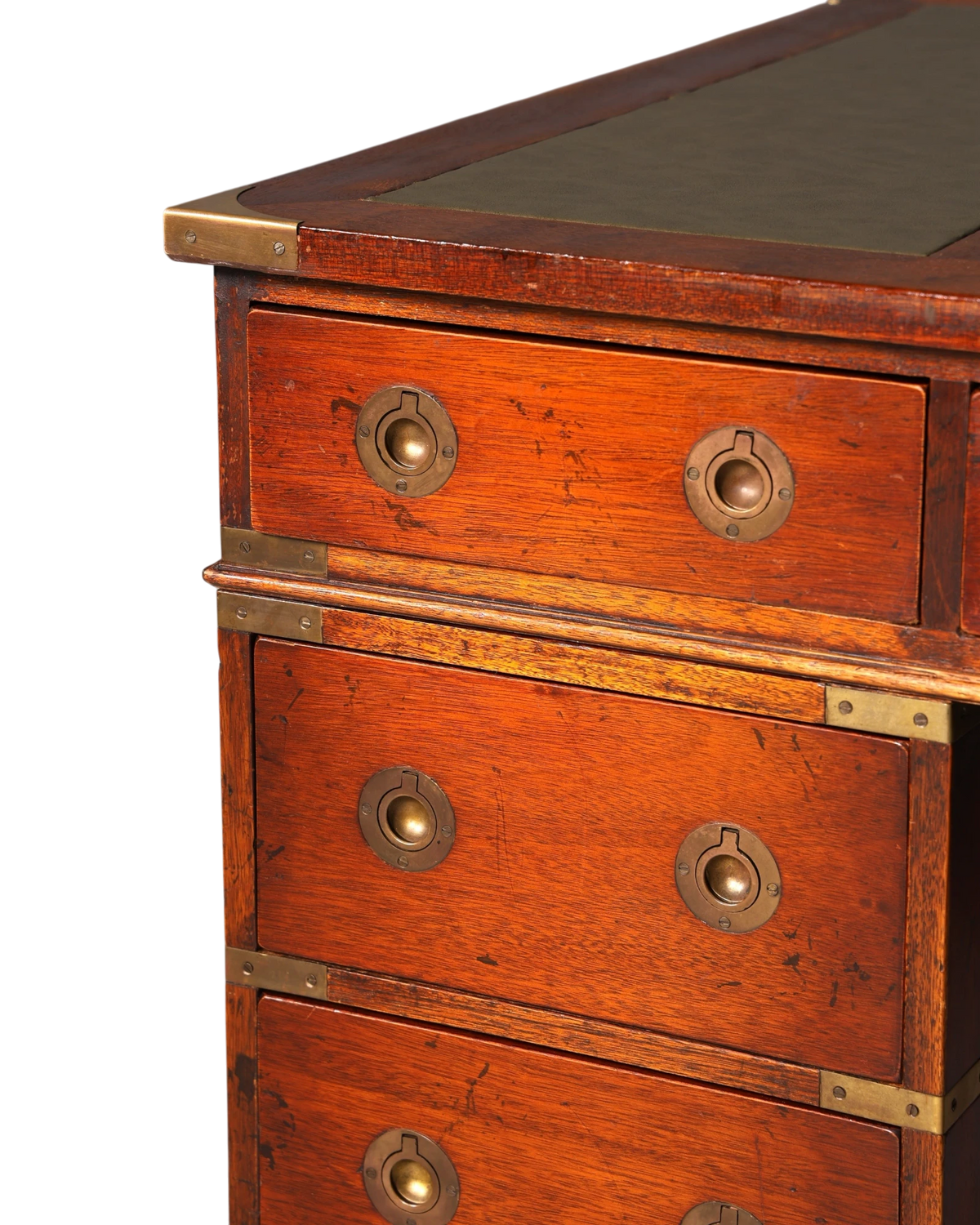 Hauptstadt Möblerei maritimer Schreibtisch aus Echtholz im Military-Chest-Stil mit Messing-Beschlägen und Lederauflage