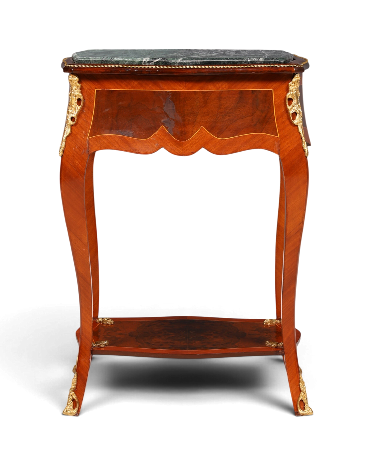 Hauptstadt Möblerei Louis XV Beistelltisch aus Holz mit Marmorplatte, Intarsien und goldenen Messingverzierungen