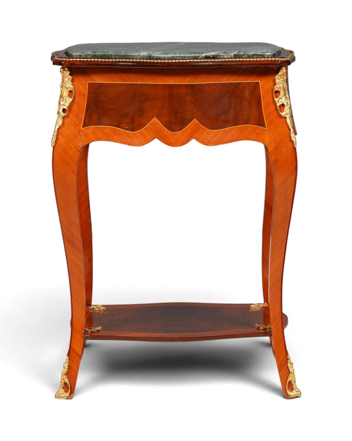 Hauptstadt Möblerei Louis XV Beistelltisch aus Holz mit Marmorplatte, Intarsien und goldenen Messingverzierungen