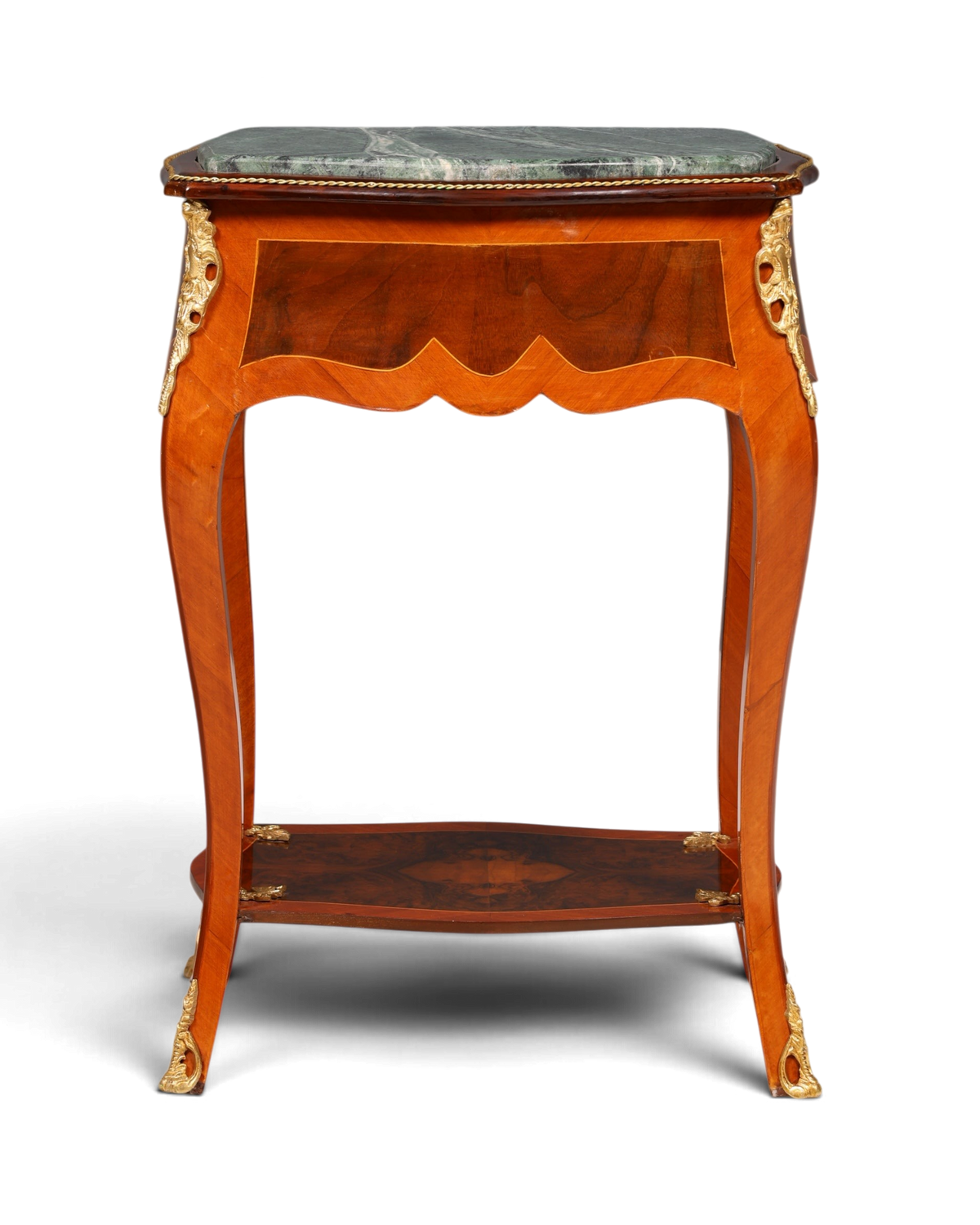 Hauptstadt Möblerei Louis XV Beistelltisch aus Holz mit Marmorplatte, Messingverzierungen und Intarsien im Barockstil