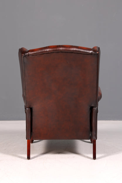 Stilvoller Original Chesterfield Queen Anne Ohrenbackensessel Englisch Echt Leder Herrensessel UK Armlehnsessel Lesesessel Vintage