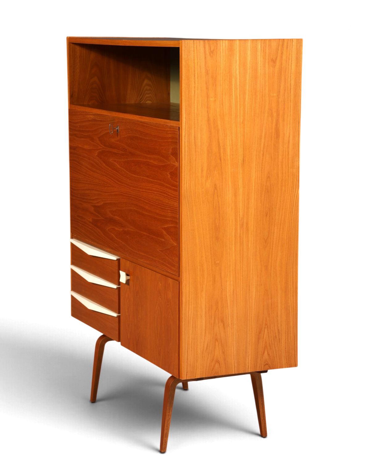 Hauptstadt Möblerei Sekretär aus Teakholz mit weißen Schubladenfronten und konischen Beinen im Mid-Century-Stil