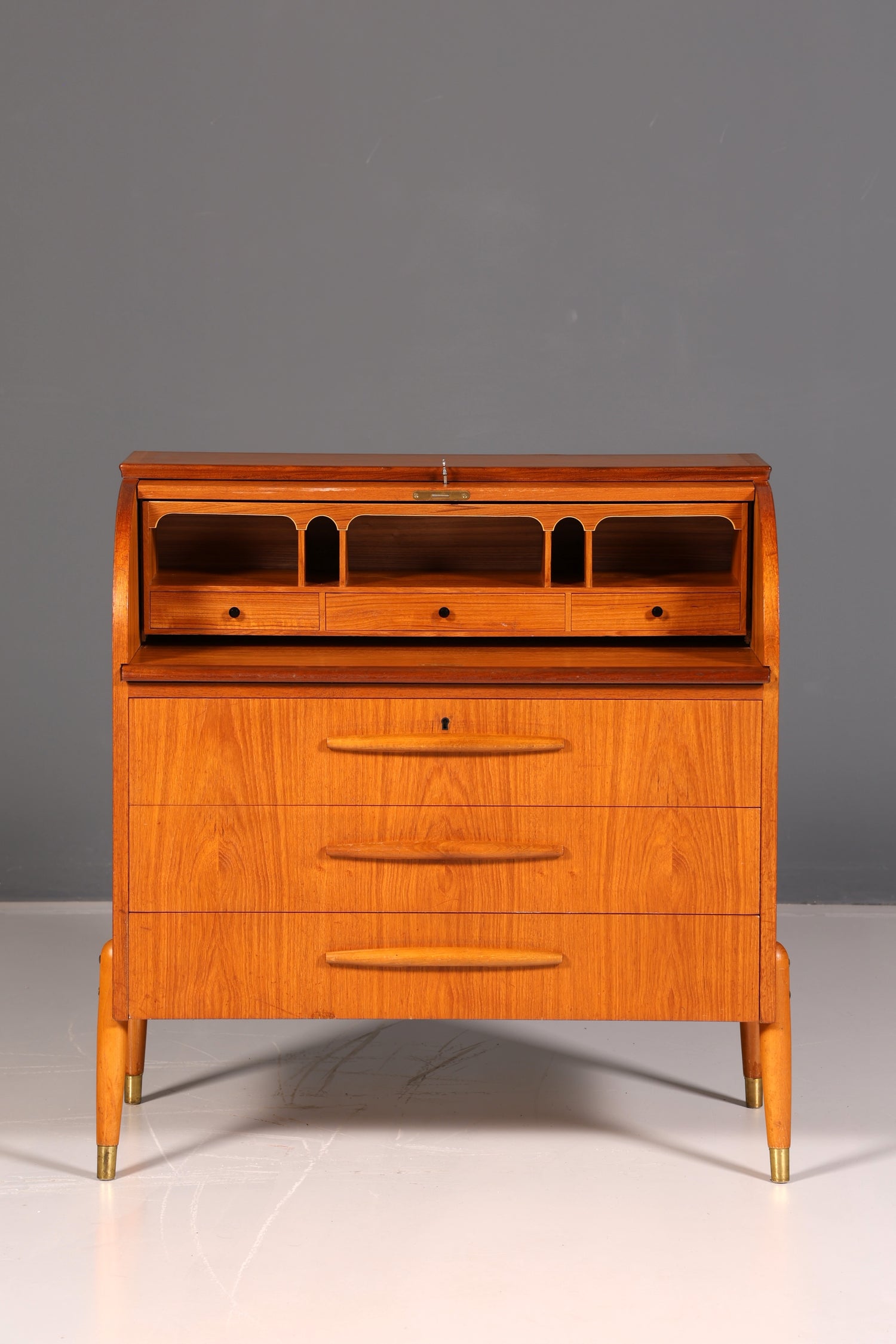 Wunderschöner Mid Century Rollladen Sekretär Schreibkommode Büro Schrank Vintage 60s Holz