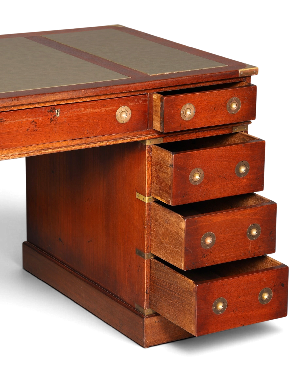 Hauptstadt Möblerei maritimer Schreibtisch aus Echtholz im Military-Chest-Stil mit Messing-Griffen und Lederauflage