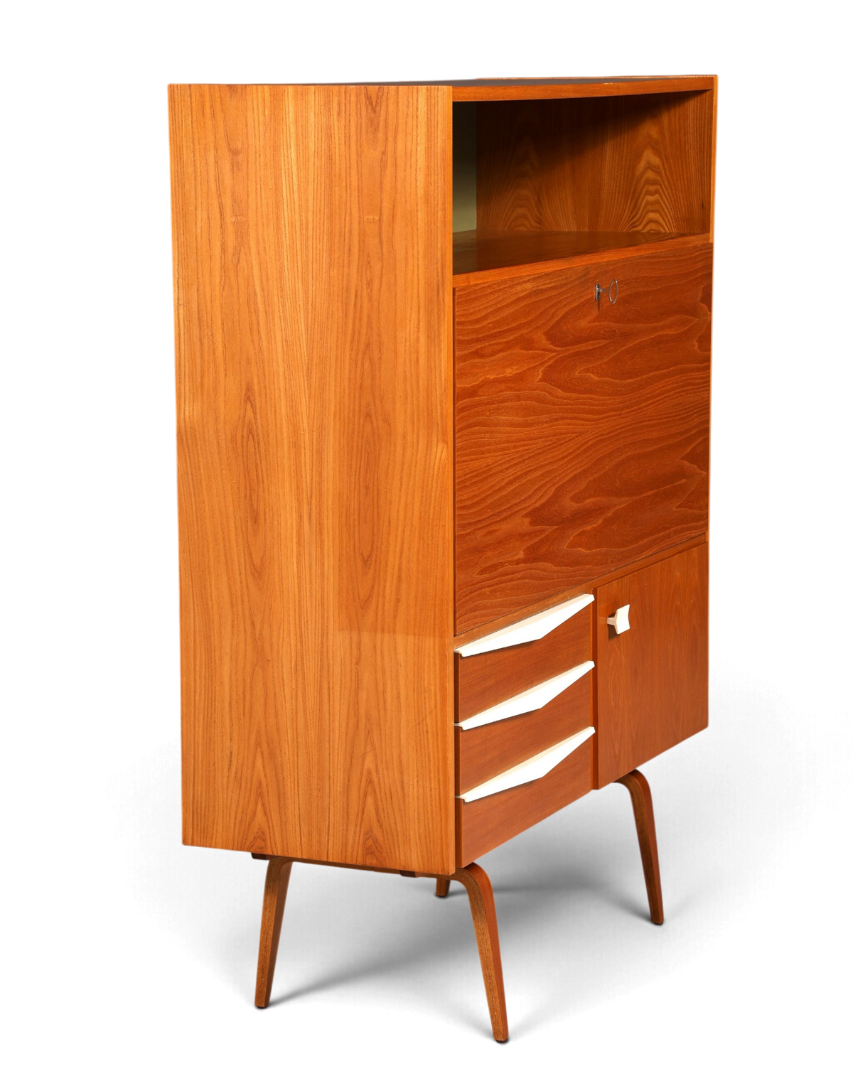 Hauptstadt Möblerei Sekretär aus Teakholz im Mid-Century-Stil mit Klappfach und weißen Schubladenfronten