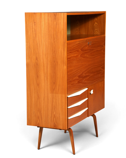 Hauptstadt Möblerei Sekretär aus Teakholz im Mid-Century-Stil mit Klappfach und weißen Schubladenfronten