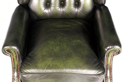 Original Chesterfield Queen Anne Ohrenbackensessel Grün Englisch Leder Herrensessel UK Armlehnsessel Relaxsessel