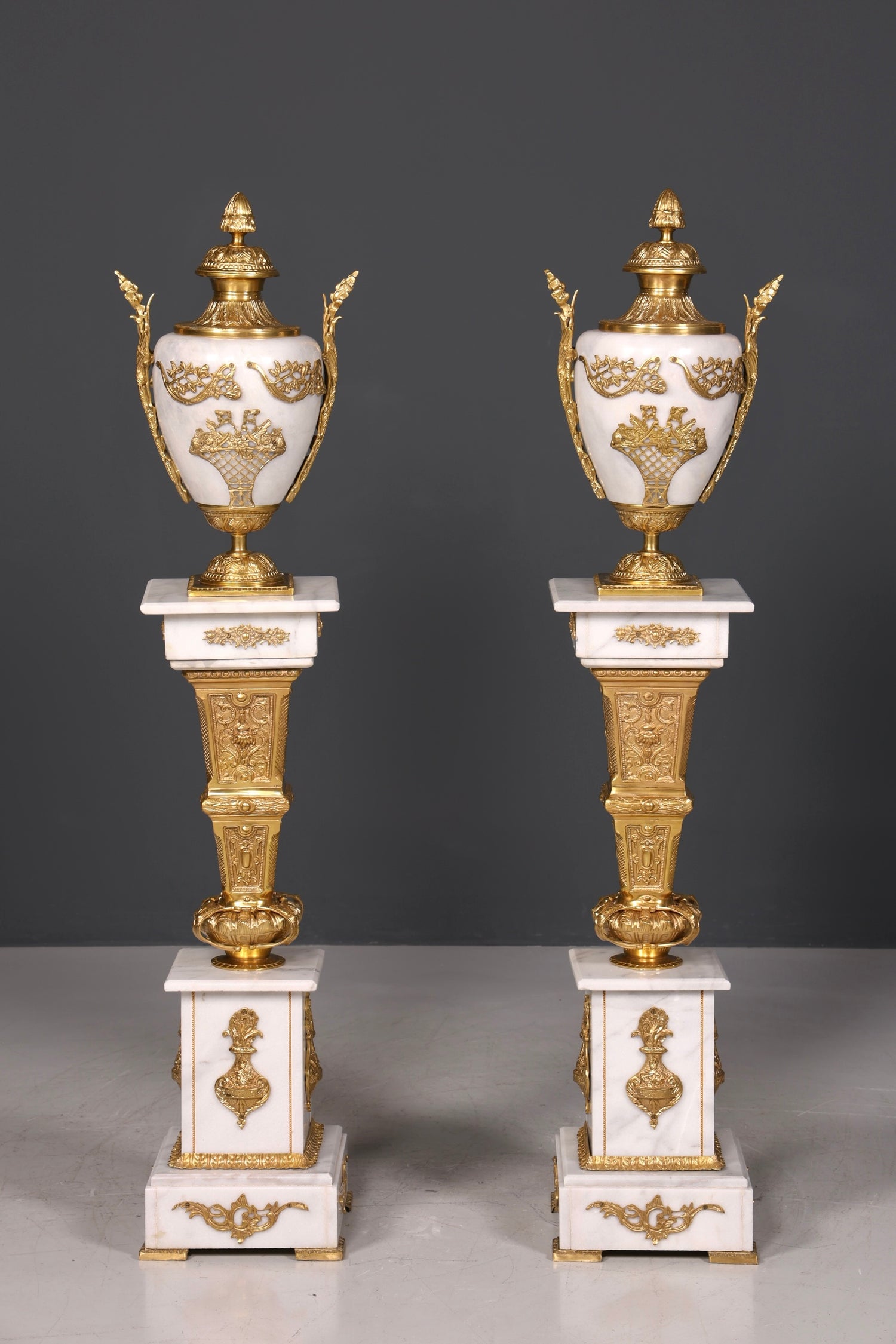 Beautiful Baroque style column with vase, Louis XV marble flower column, white natural stone base and shelf