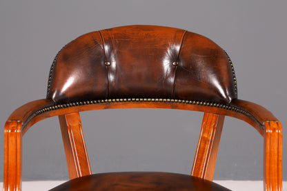 Wunderschöner Chesterfield Armlehnstuhl Braun Echt Leder Englisch Bürostuhl Schreibtischstuhl Sekretär Stuhl Court Chair 4 von 4
