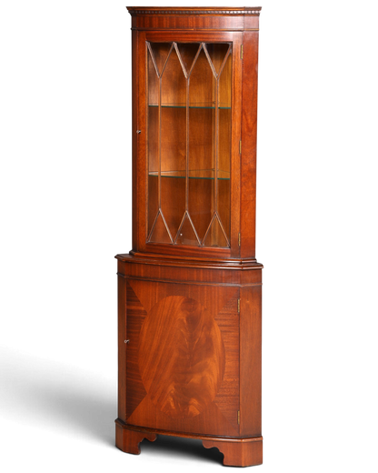 G028 Finish cm Wunderschöne Englische Eckvitrine Mahagoni Antik 60s echt Holz Schrank Eckschrank Glasvitrine